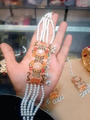 1 Carat Gold Plated Artificial Stones Necklace Set - Adjustable Dori Drawstring Back Detail