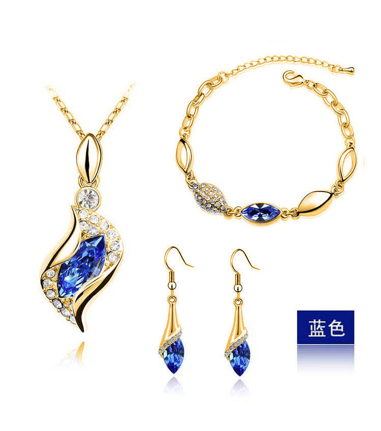 Blue Crystal Jewelry Set for Women Silver Tones Side Angle Studio Product Shot