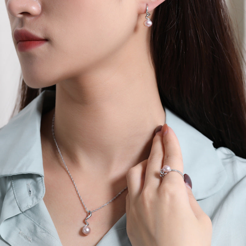 Pearl Necklace Earrings Set Silver 925 - Luxury Royal Theme Statement Accessories