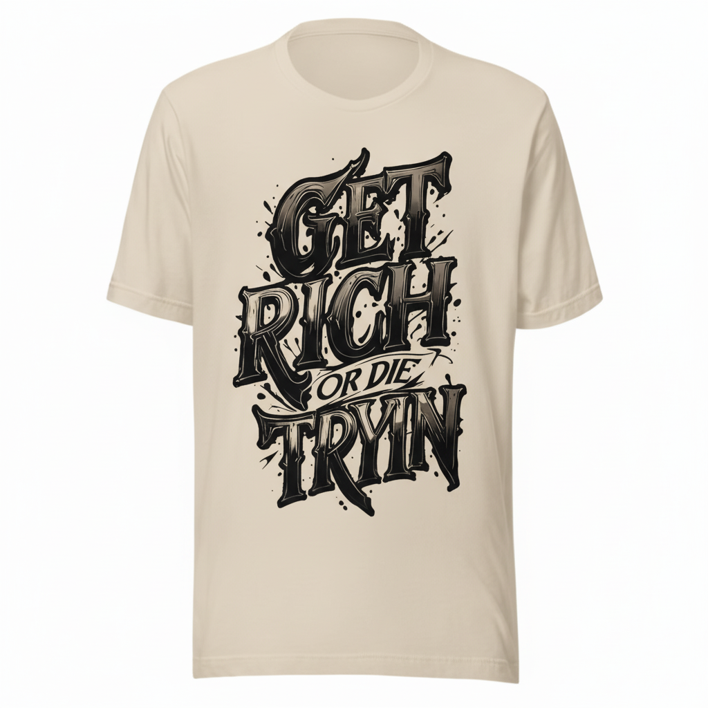 Beige custom printed t-shirt GET RICH OR DIE TRYIN design minimal style cotton