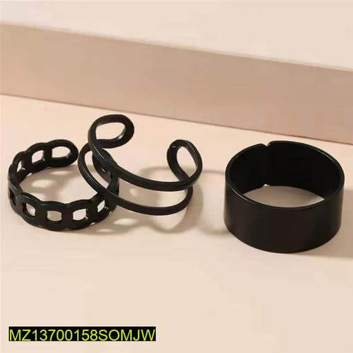 Black Alloy 3-Piece Adjustable Rings Set - Matte Black Grunge Band