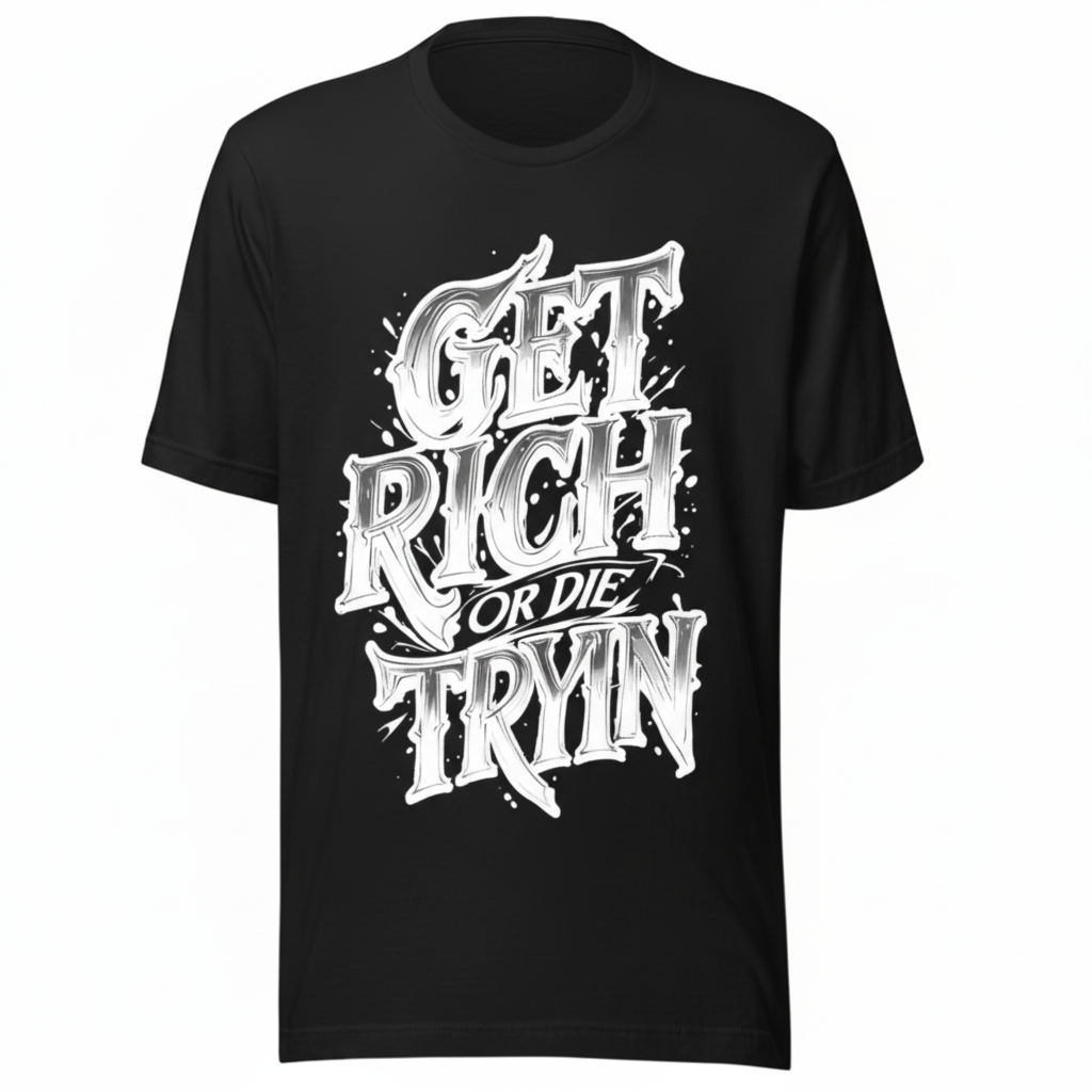 Black custom printed t-shirt GET RICH OR DIE TRYIN design premium cotton