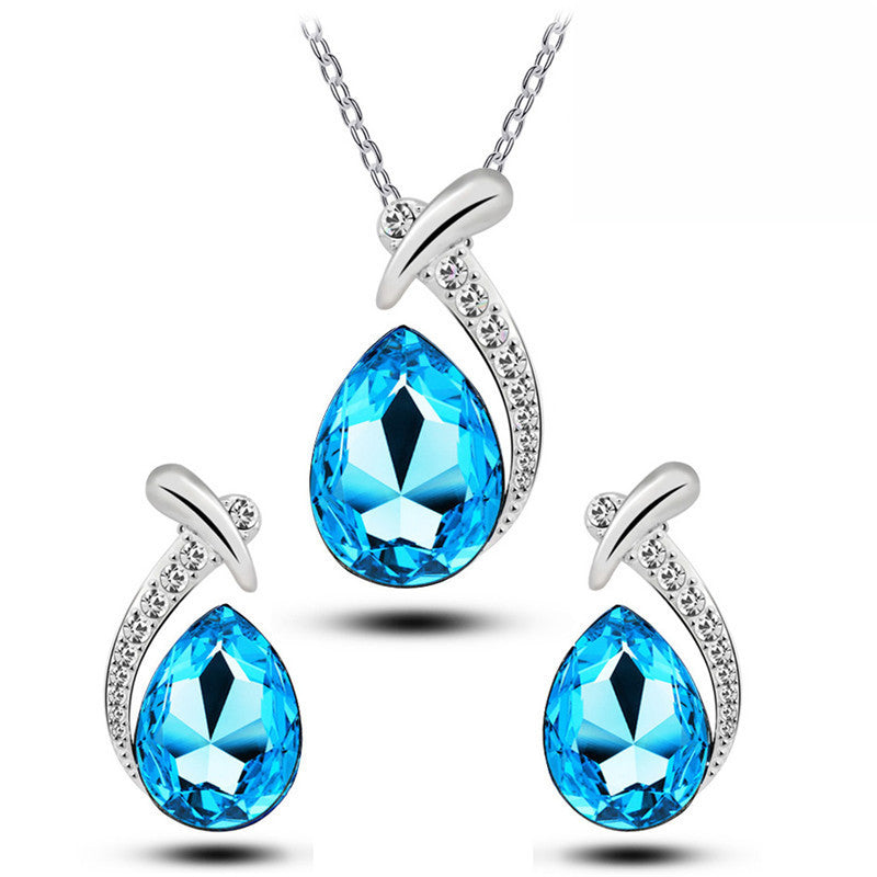 High Polish Finish Blue Crystal Water Drop Pendant and Earrings Set - Gold Plated Accent Edition
