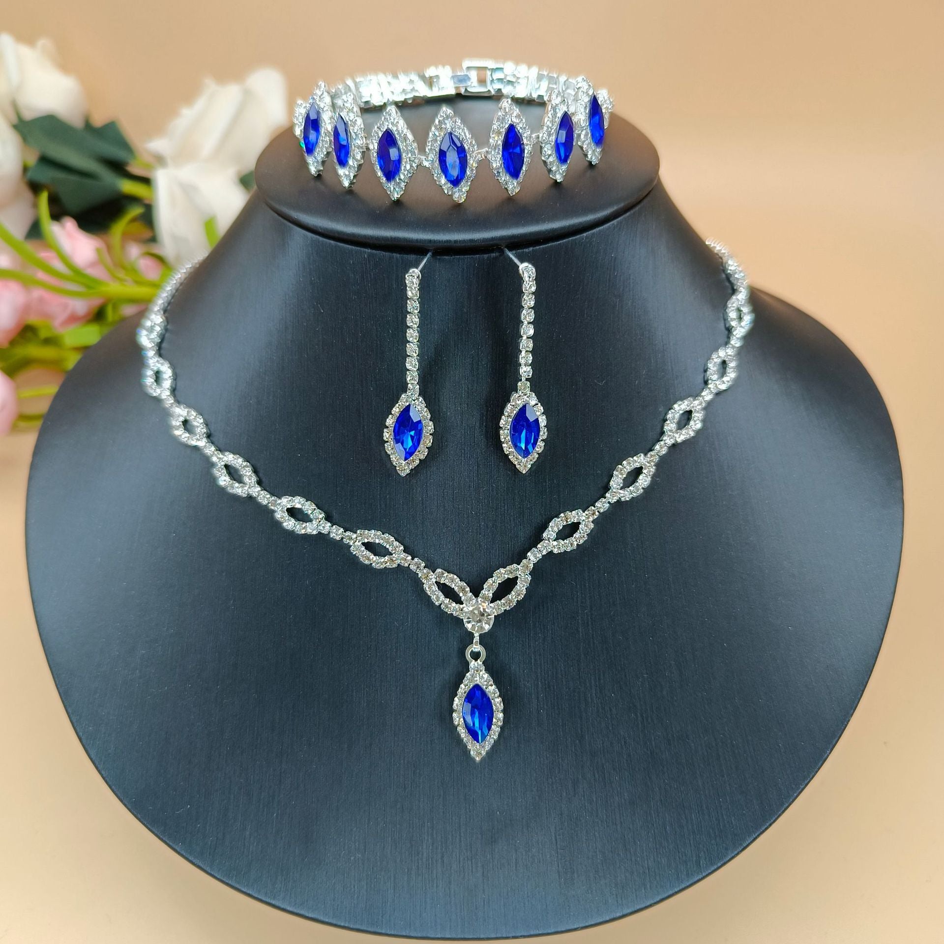 Premium Blue Diamond Necklace and Earrings Set - Elegant Tear Drop Pendant and Earring Combo