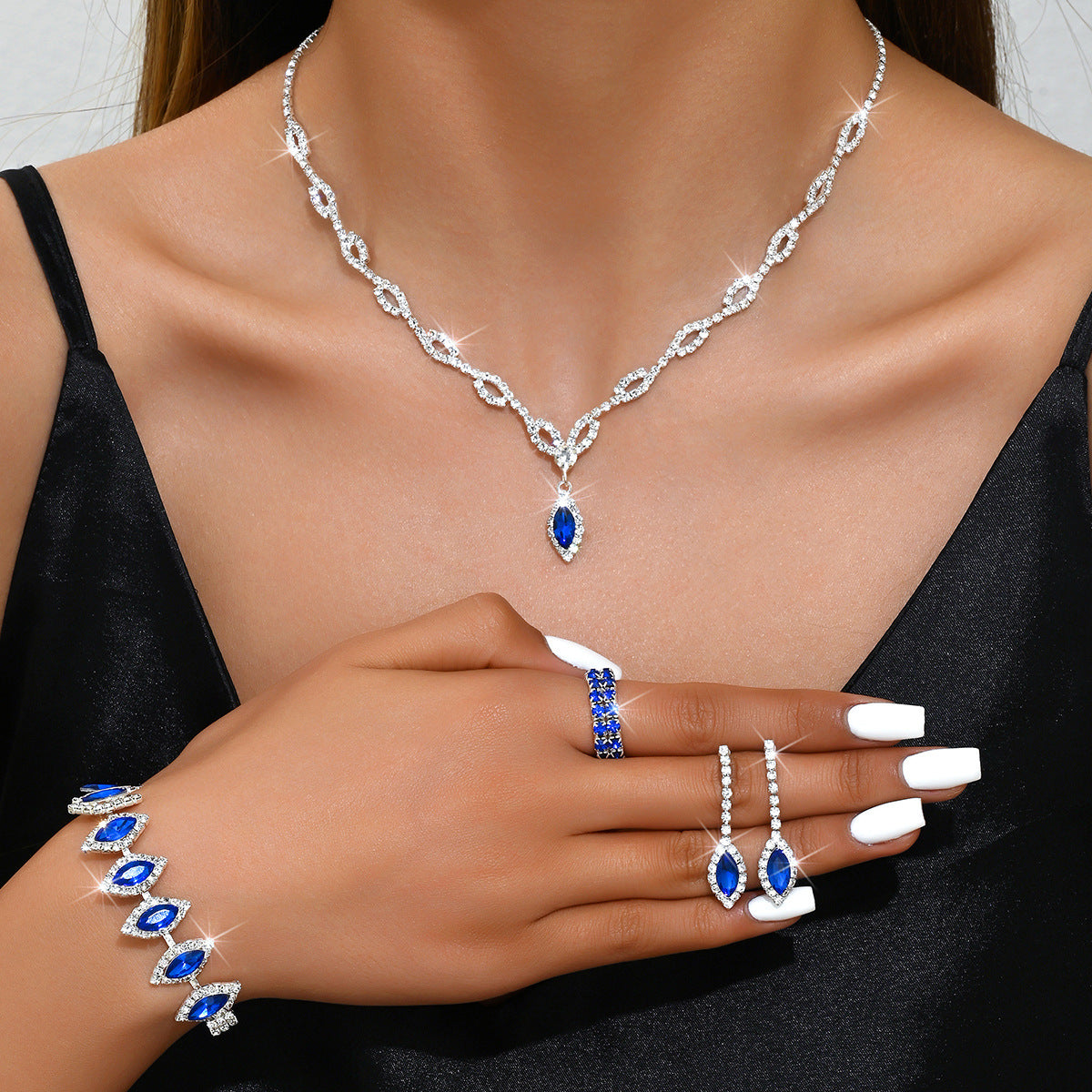 Blue Diamond Necklace and Earrings Set - Luxury Royal Theme Statement Accessories for Women