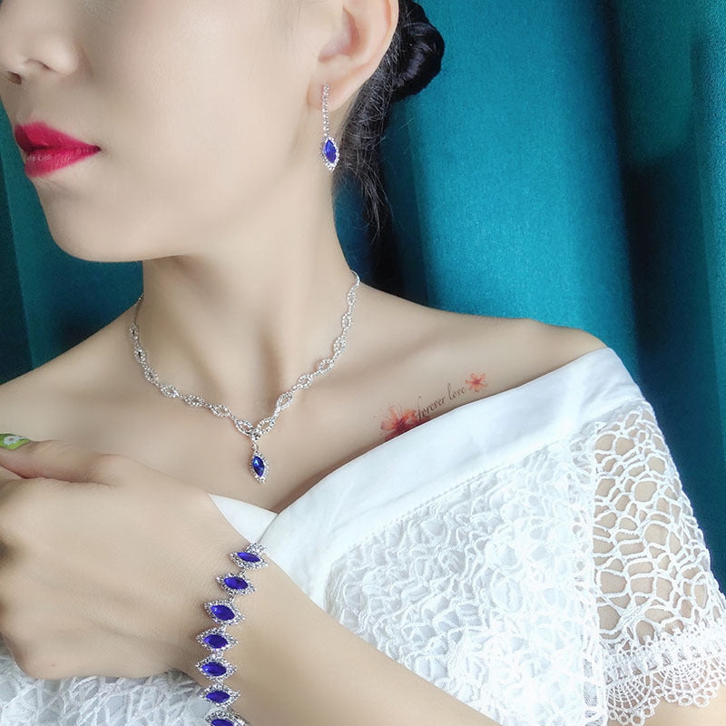 Blue Diamond Necklace and Earrings Set - Anti-Oxidant Rhodium Silver Plated Mirror Finish