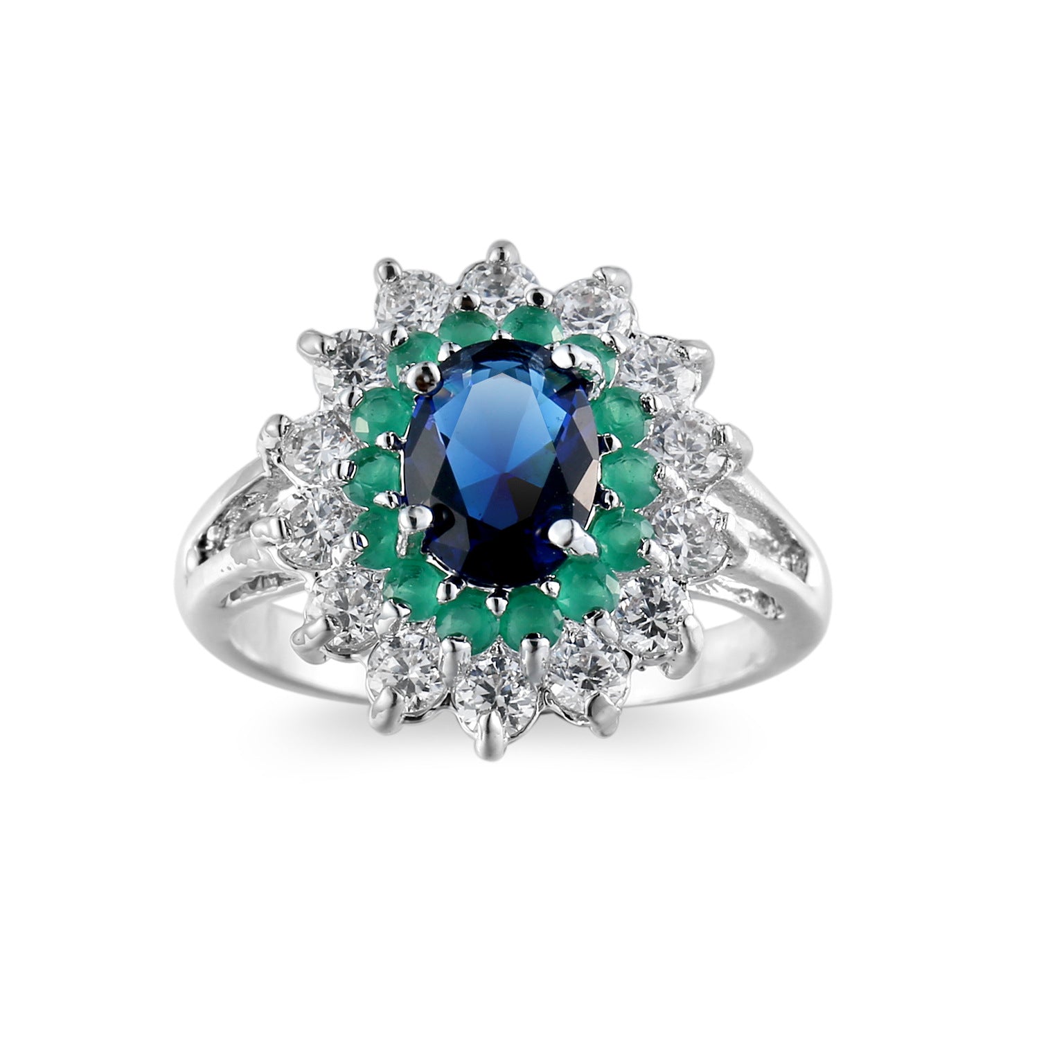High Polish Finish Blue Green Zircon Flower Ring - Shimmering Faceted Gemstones