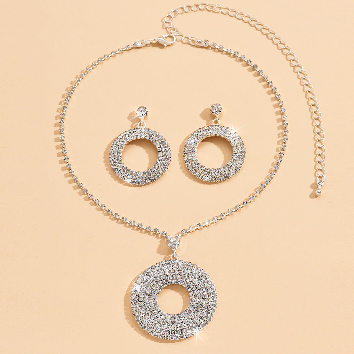 Silver Circle Pendant and Earrings Set - Luxury Minimalist Theme Statement Accessories for Women