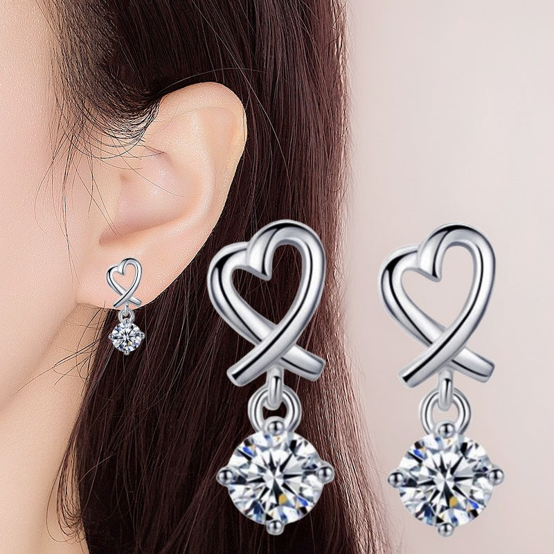 Heart Shaped Earrings with Sparkling Pendant - Luxury Minimalist Theme Statement Accessories