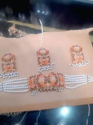 1 Carat Gold Plated Artificial Stones Necklace Set - Heavy Choker Style Wedding Jewelry