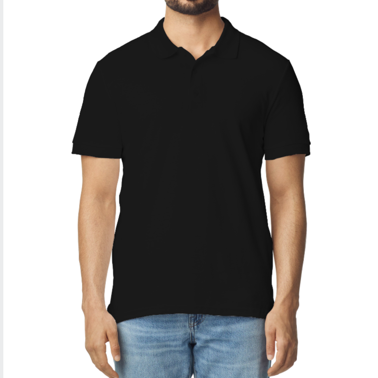 Person wearing a black polo shirt and blue jeans on a white background