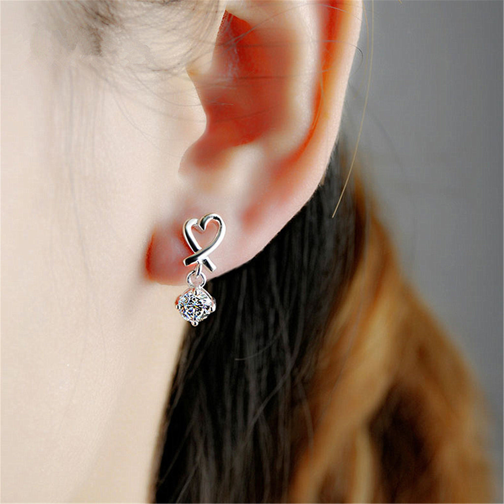 Heart Shaped Earrings with Sparkling Pendant - Secure Lobster Claw Clasp Cable Chain Details