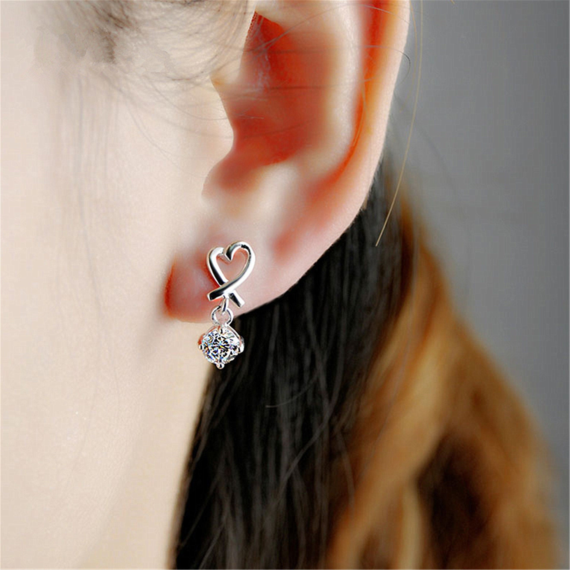 Heart Shaped Earrings with Sparkling Pendant - Secure Lobster Claw Clasp Cable Chain Details