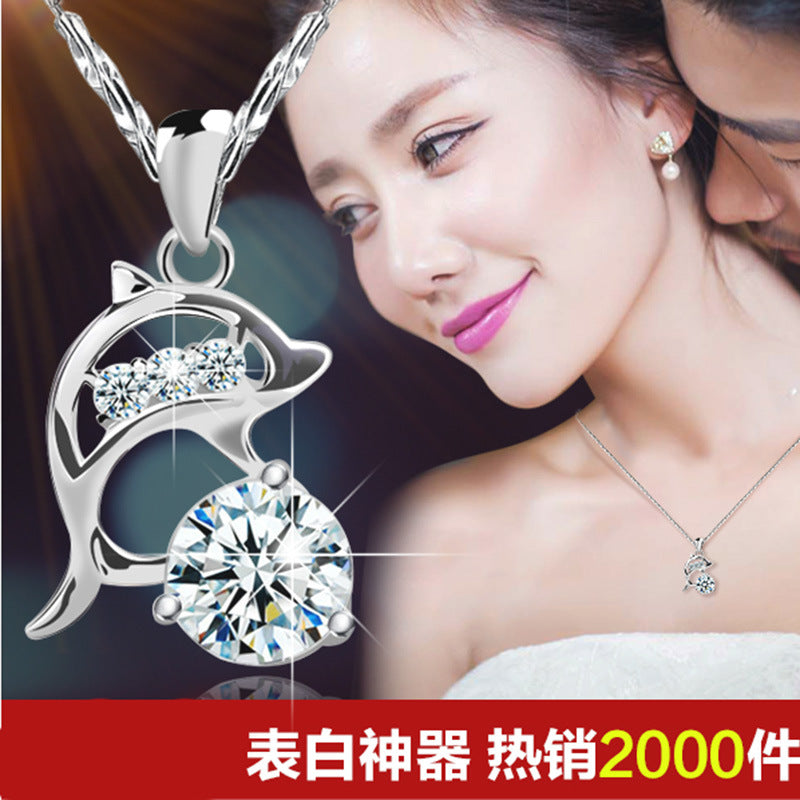 Tarnish Resistant Silver Plated Dolphin Necklace for Valentine Anniversary Wear