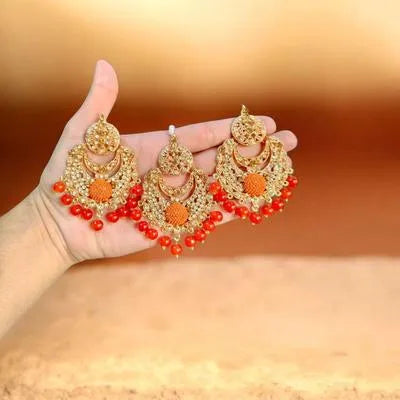 Fancy Gold Plated Crystal Earrings Bindia Set - Secure Earlobe Support Hook Details
