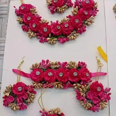 Floral Mehndi Jewelry Set - Close-up of Vibrant Faux Blossoms and Pearls