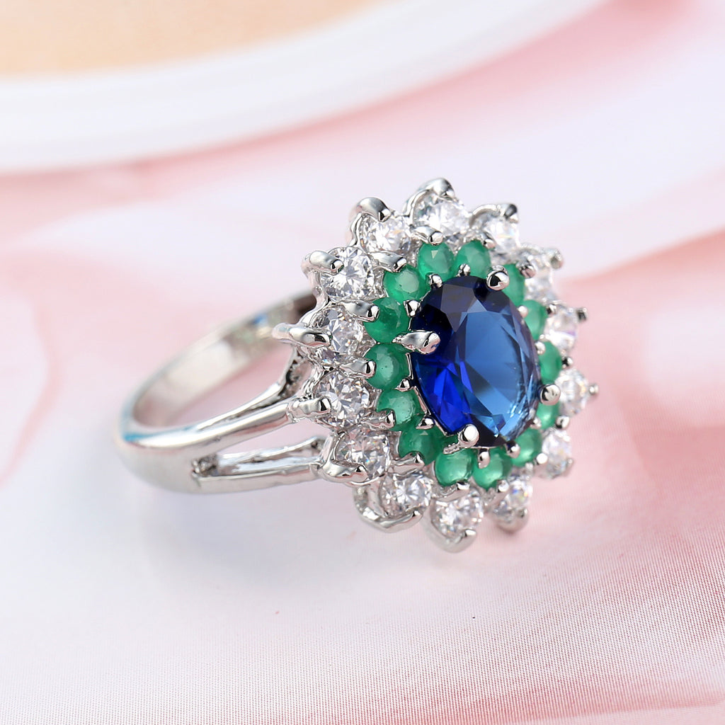 Premium Blue Green Zircon Flower Ring - Elegant Marquise Cut Botanical Petals