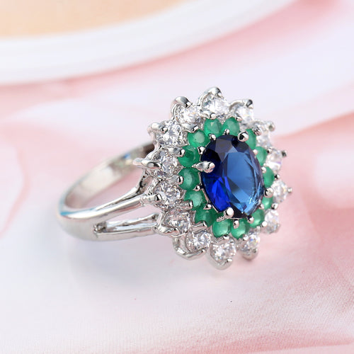 Premium Blue Green Zircon Flower Ring - Elegant Marquise Cut Botanical Petals