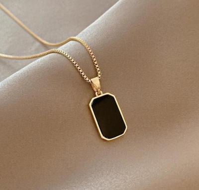 Premium Gold Plated Black Stone Pendant - Elegant 18K Real Gold Cable Chain Layering
