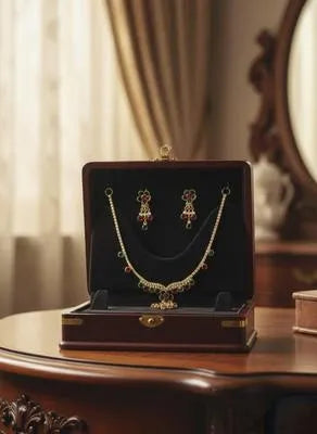 Gold Plated Crystal Necklace Set - Adjustable Dori Drawstring Back Detail