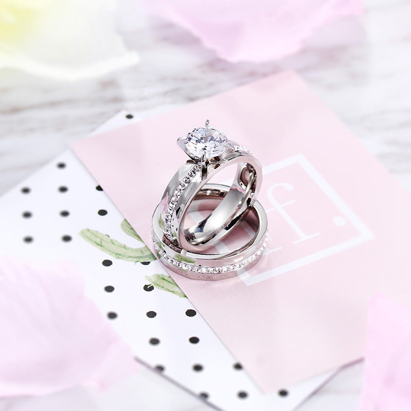 Gold Titanium Steel Couple Rings - Shimmering Solitaire Cubic Zirconia Diamond