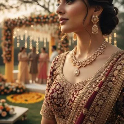 High Polish Finish Golden Alloy Bridal Set - Shimmering Maroon Bead Accents
