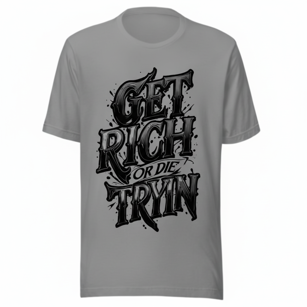 Gray custom printed t-shirt GET RICH OR DIE TRYIN design modern casual wear