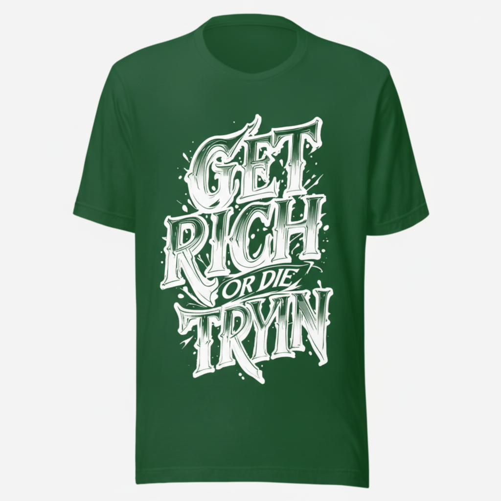 Green custom printed t-shirt GET RICH OR DIE TRYIN design premium cotton wear