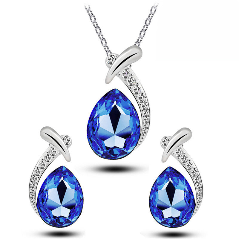 Blue Crystal Water Drop Pendant and Earrings Set - Signature Velvet Presentation Gift Box