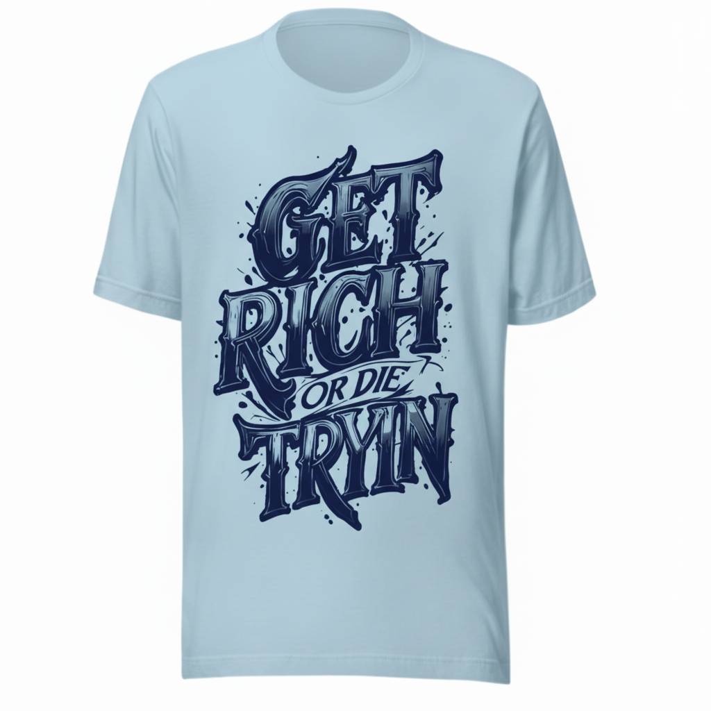 Light blue custom printed t-shirt GET RICH OR DIE TRYIN design soft cotton fabric