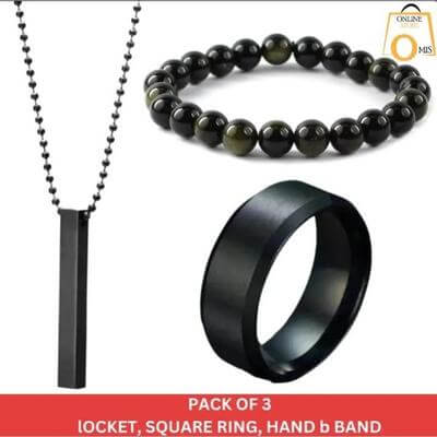 Men's 3-Piece Stainless Steel Black Jewelry Set on Male Model Hand and Neck