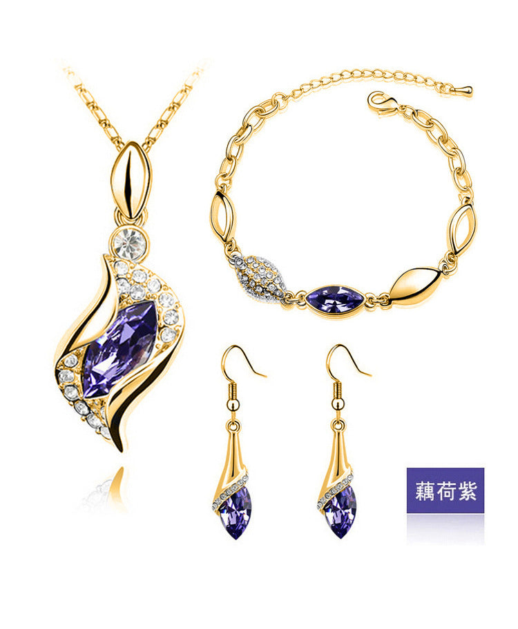 High Polish Finish Blue Crystal Jewelry Set - Shimmering Marquise Accent Clusters