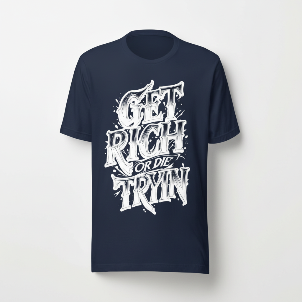 Navy blue custom printed t-shirt GET RICH OR DIE TRYIN design premium quality