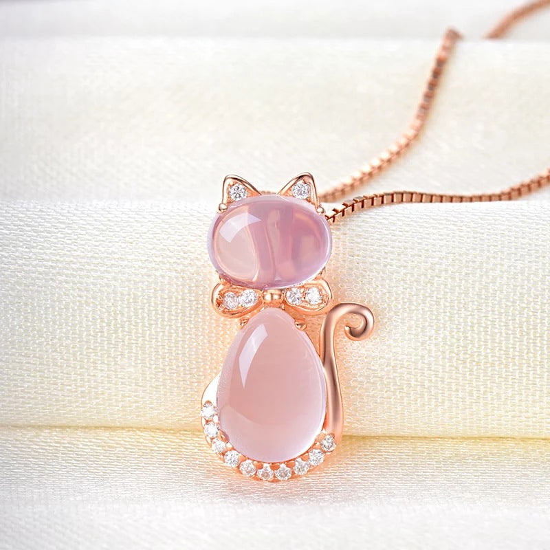 Pink Crystal Cat Pendant Necklace - Secure Adjustable Lobster Claw Clasp Details