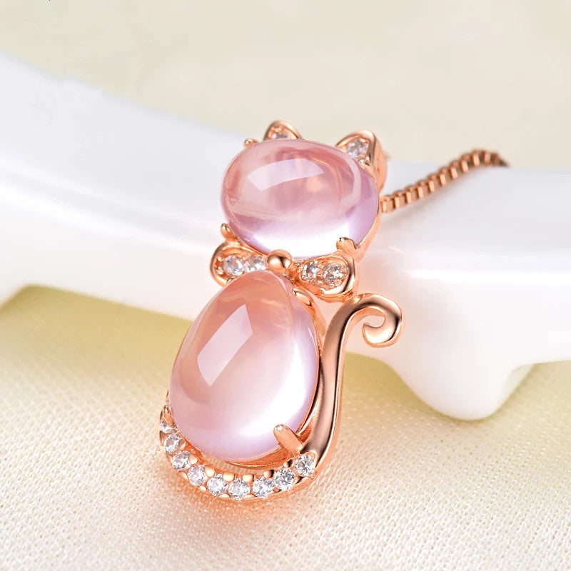 Pink Crystal Cat Pendant Necklace - Hypoallergenic Sensitive Skin Feline Jewelry