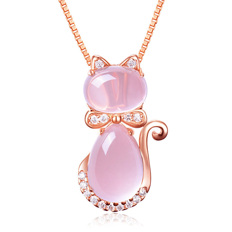 Pink Crystal Cat Pendant Necklace - Close-up of 18K Rose Gold Plated Chain