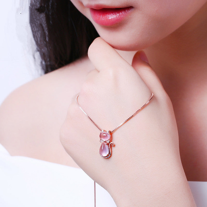 Premium Pink Crystal Cat Pendant Necklace - Minimalist Kitty Silhouette Trio