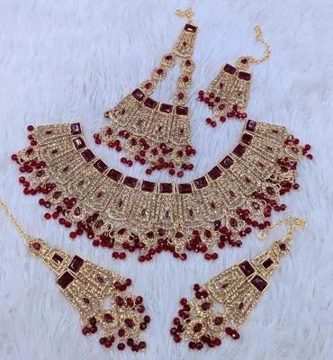 Premium Red Zircon Bridal Set with Matching Necklace Tikka Jhumar and Earrings