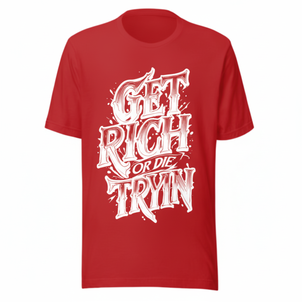 Red custom printed t-shirt GET RICH OR DIE TRYIN design trendy cotton shirt