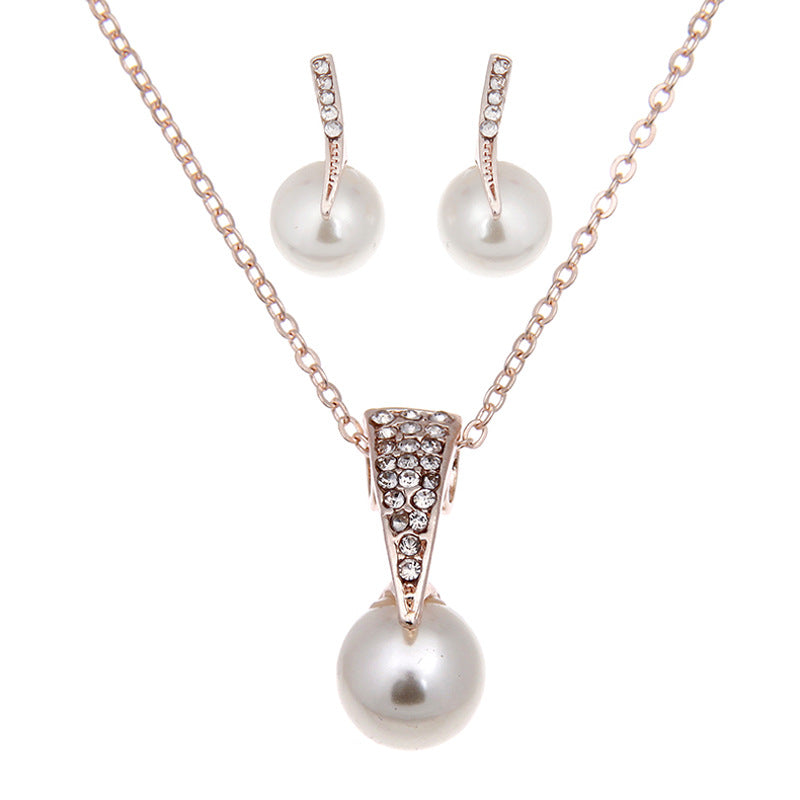 Rose Gold Pearl Pendant and Earrings Set - Close-up of Intricate Micro Pave Crystal Accents