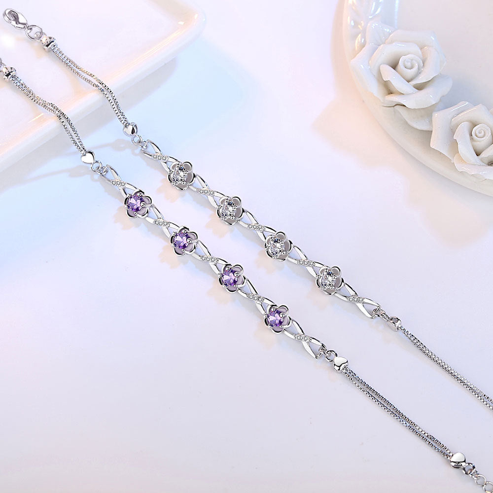 Silver Floral Bracelet with Purple Gemstones - Anti-Oxidant Silver Micro Plated Finish