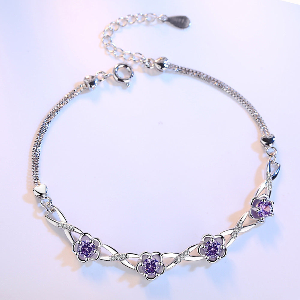 Silver Floral Bracelet with Purple Gemstones - Secure Fold-Over Clasp Profile Details