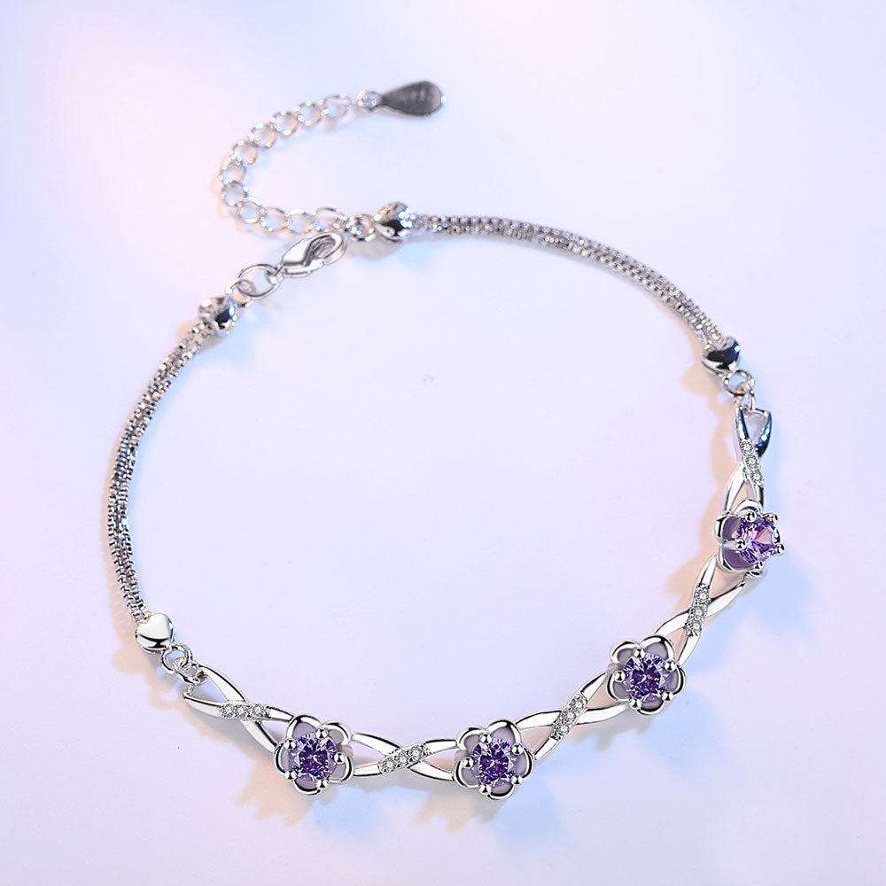 Premium Silver Floral Bracelet with Purple Gemstones - Elegant Marquise Cut Blossoms