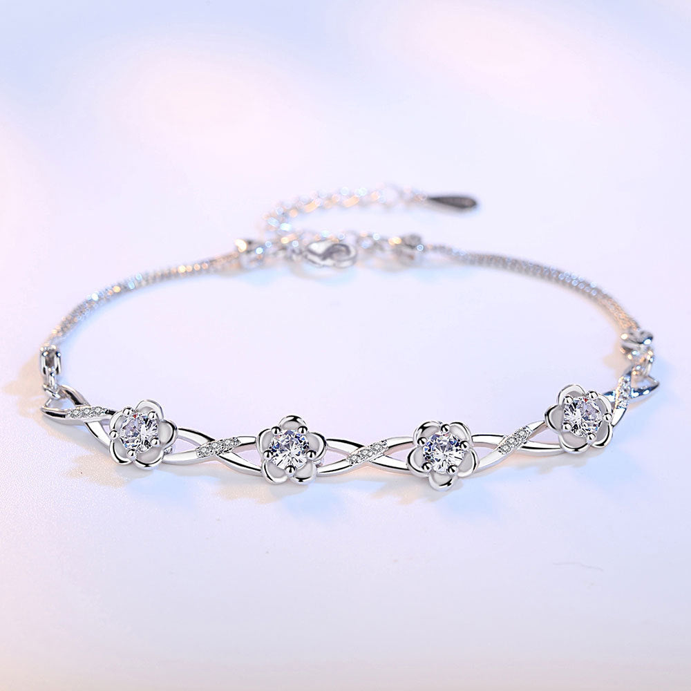 High Polish Finish Silver Floral Bracelet with Purple Gemstones - Adjustable Link Extension