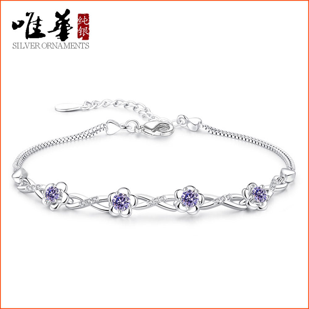 Hypoallergenic Silver Floral Bracelet with Purple Gemstones - Skin-Friendly Luxury Jewelry