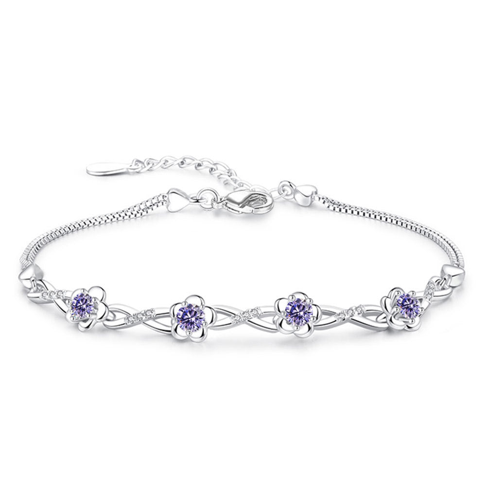 Tarnish Resistant Silver Floral Bracelet with Purple Gemstones for Wedding Bridesmaids
