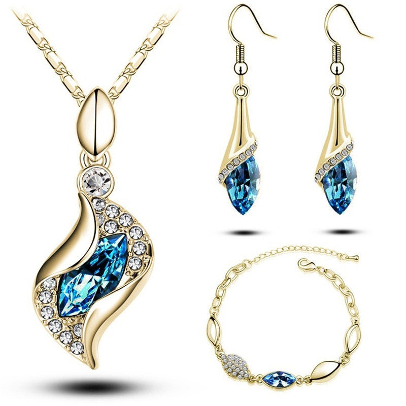 High Polish Finish Blue Crystal Jewelry Set - Displayed on White Leather Bust