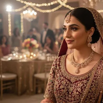 Golden Alloy Bridal Set - Adjustable Thread Dori Closure Neckline Details