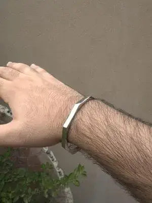 Silver Hexagonal Kara Bangle Stylish Unisex Accessory - Wrist Shot