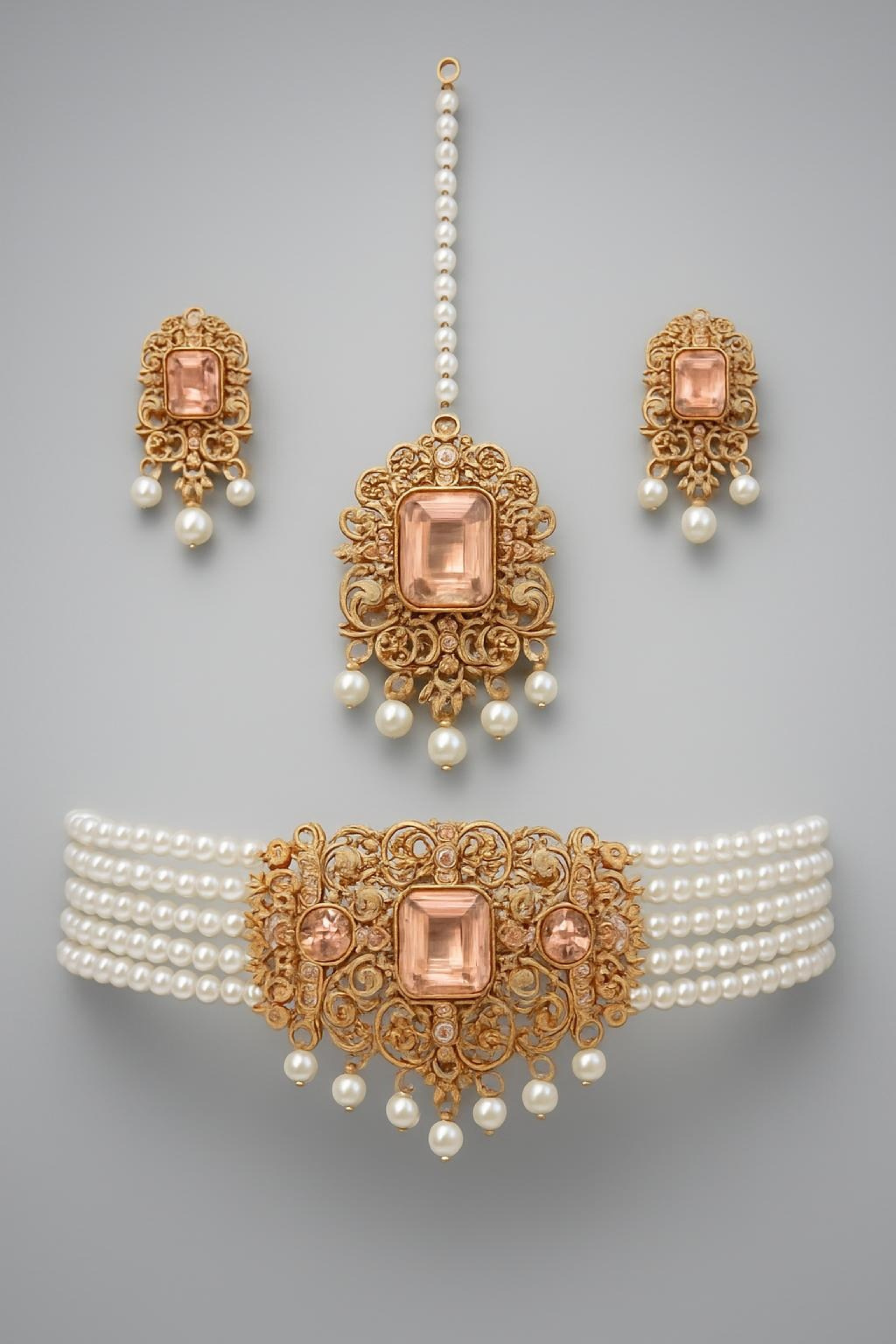 1 Carat Gold Plated Artificial Stones Necklace Set - Luxury Bridal Wear Main View